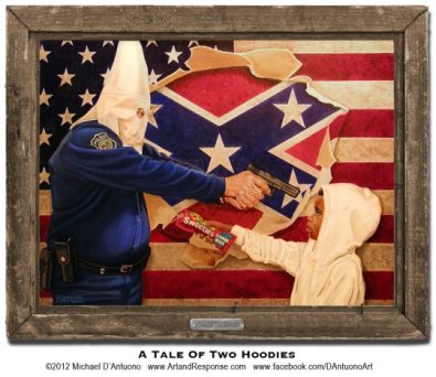 A Tale of Two Hoodies. 30" x 40" | oil on canvas | Inspired by the Trayvon Martin case, this painting symbolizes the travesty of racially profiling innocent children and how present day prejudices affect policy. @2012 Michael D'Antuono
